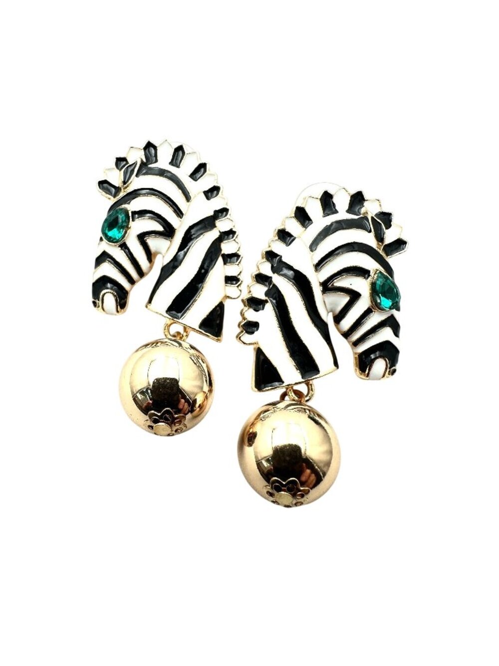 Womens Earrings Pierced Zebra Black White Enamel Green Rhinestone